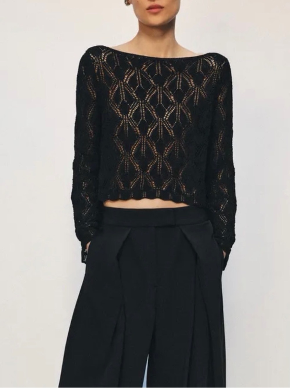 Zara Black Openwork Crochet Cropped Sweater